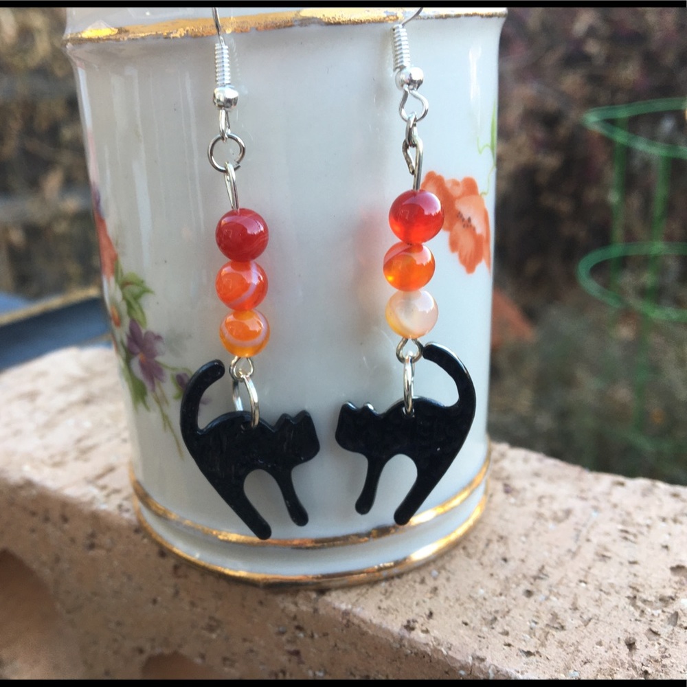 Orange Agate Black Cat Dangle Earrings